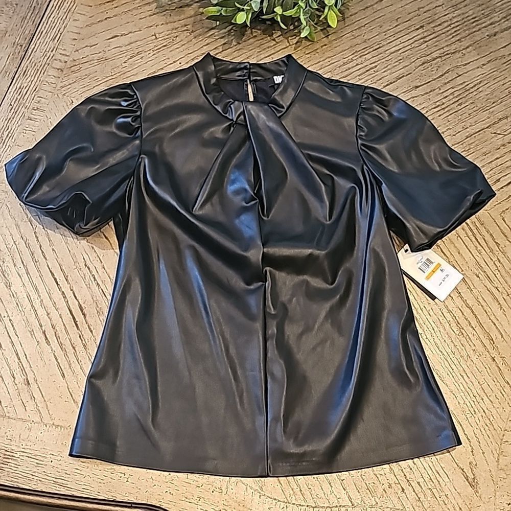 Black DKNY faux leather top size S NWT